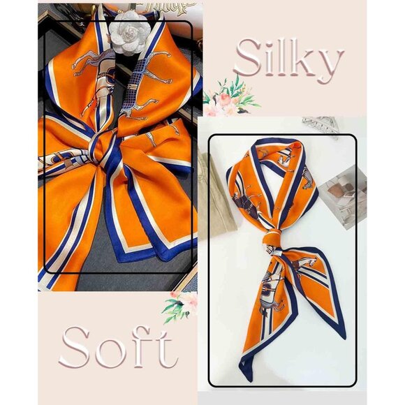 Women's Orange Blue Horse Fashion Oblique Angle Silk Neck Scarf Printed Scarves - Picture 5 of 7